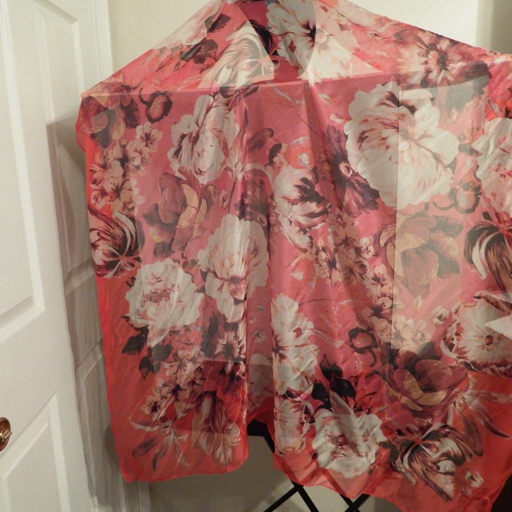 Scarf with red flower design. 40 x 40 inches